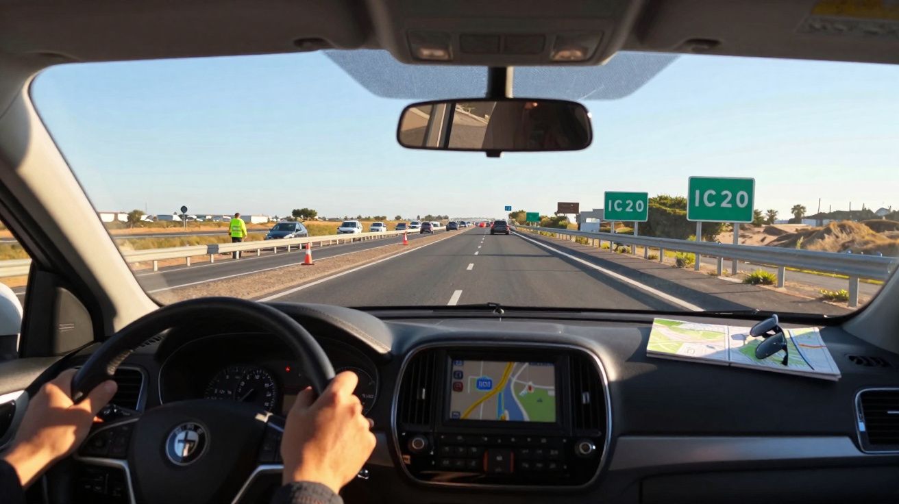 Vista do banco do motorista dirigindo em uma estrada com placas IC20 e GPS no painel do carro.