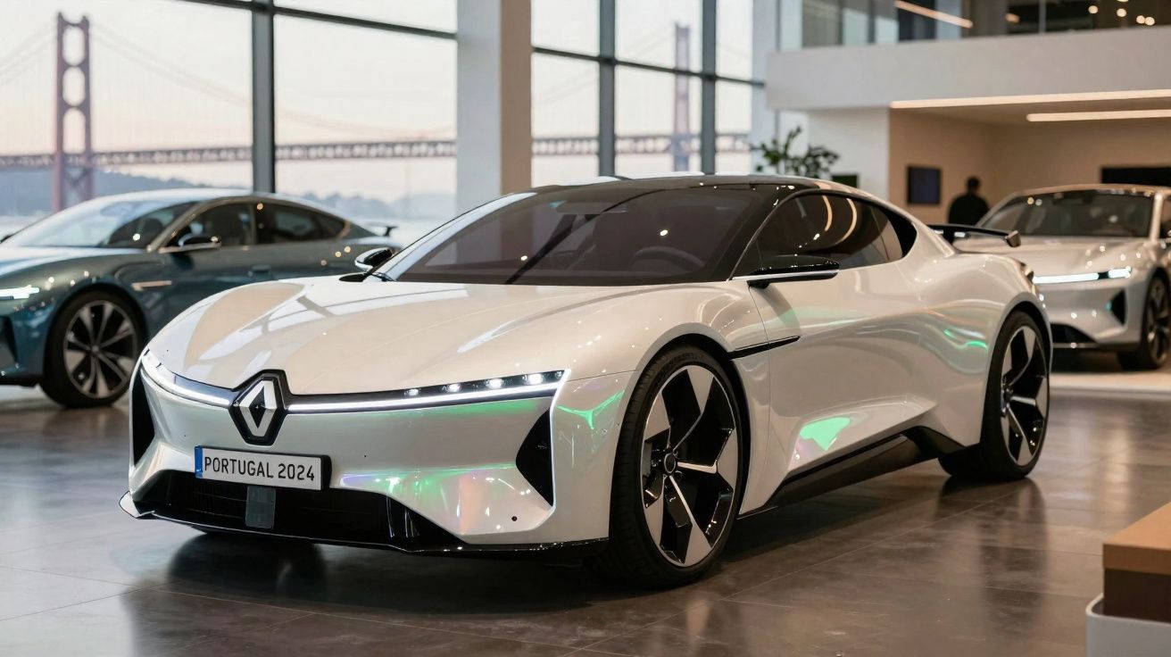 Carro esportivo elétrico branco da Renault em showroom com janelas grandes e vista de ponte ao fundo.