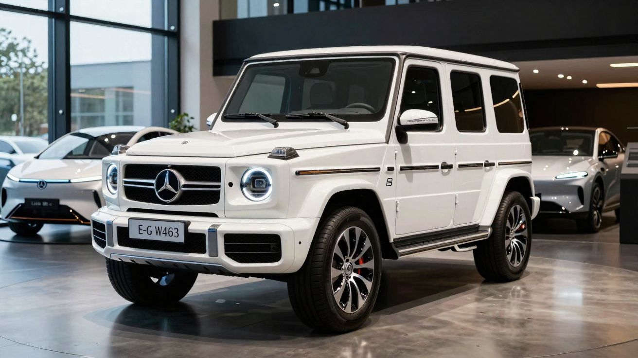 SUV Mercedes-Benz G-Wagon branca estacionada em showroom moderno com outros carros ao fundo.