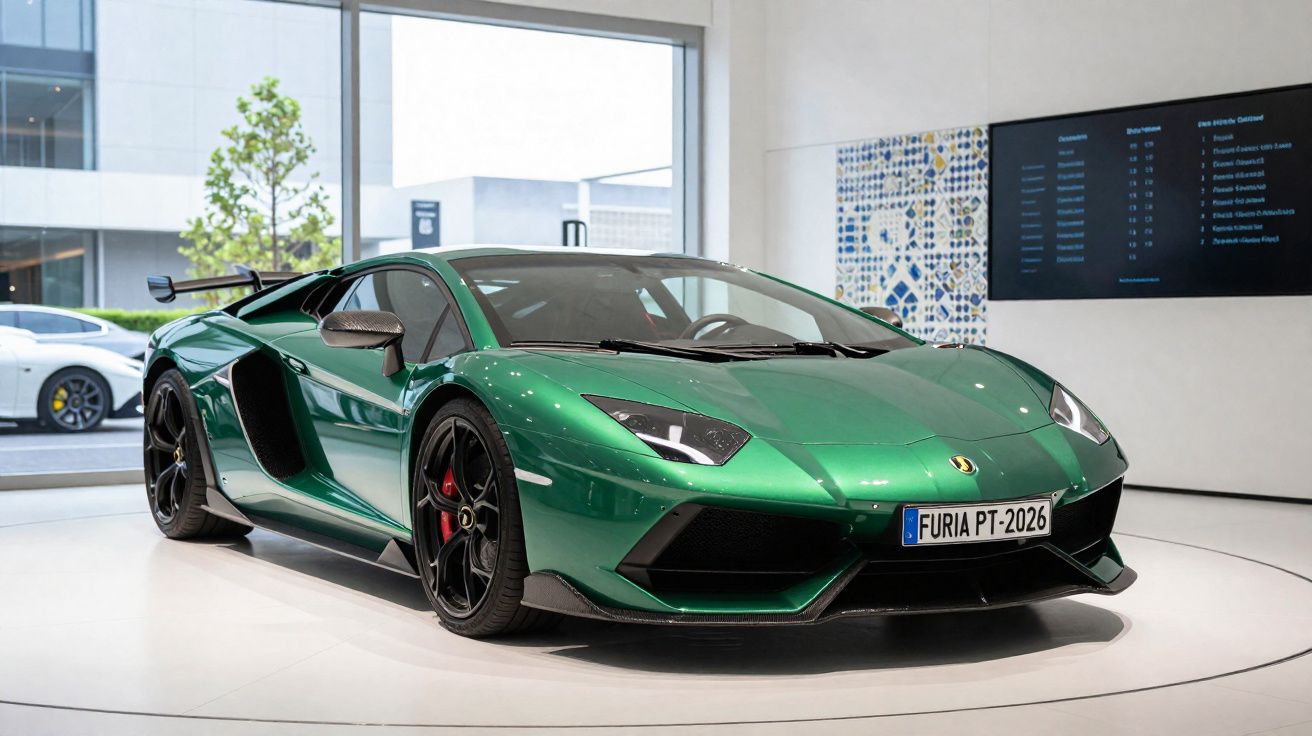 Carro esportivo verde metálico com design aerodinâmico em exposição interna e placa FURIA PT-2026.