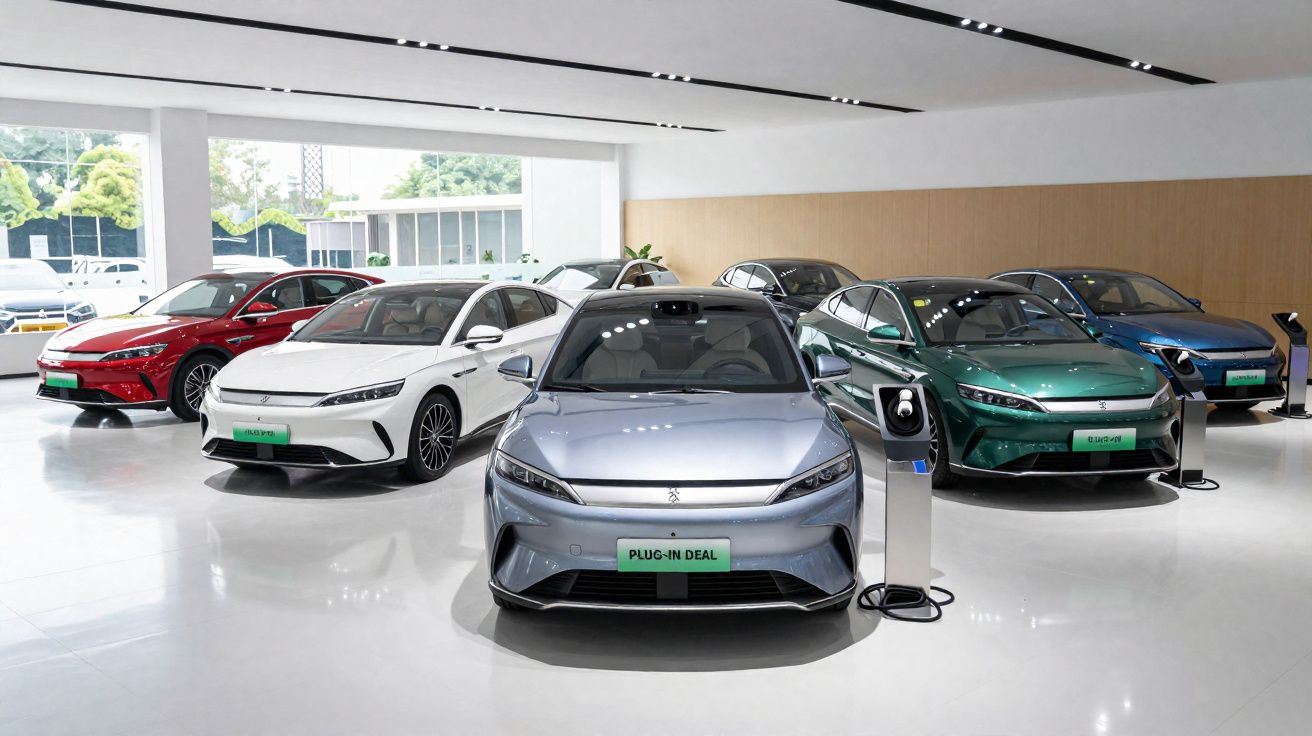 Sala de exposição com carros elétricos plug-in de cores diversas, estacionados próximos a carregadores.