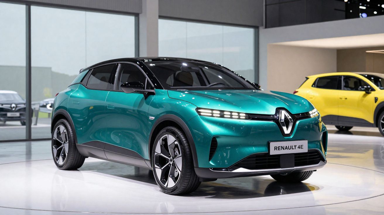 Carro elétrico Renault 4E verde exposto em salão de automóveis com outro carro amarelo ao fundo.
