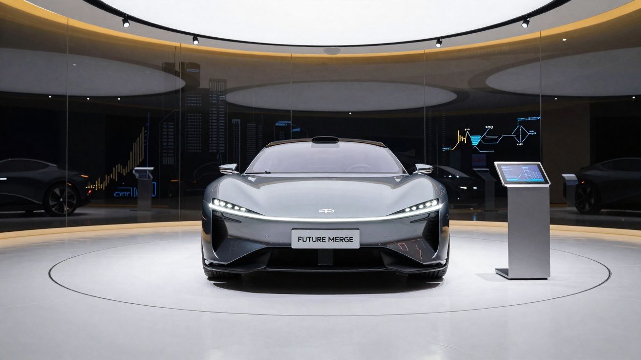 Carro elétrico futurista cinza exibido em ambiente moderno com iluminação branca e painel digital ao lado.