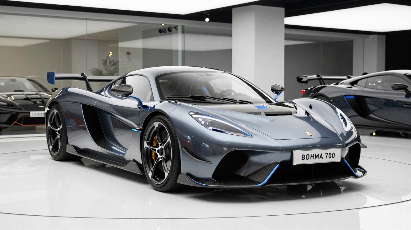 Carro esportivo cinza metálico com detalhes em azul exibido em showroom moderno e iluminado.