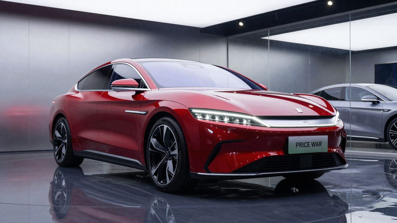 Carro esportivo elétrico vermelho em exposição com design aerodinâmico e faróis de LED modernos.