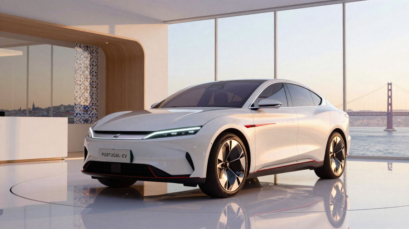 Carro elétrico branco Portugal-EV em ambiente interno moderno com vista para ponte e rio ao fundo.