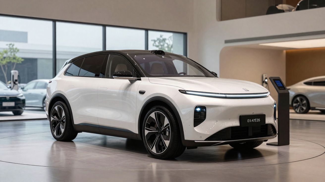 Carro elétrico branco modelo EV-AIET35 exibido em showroom moderno com carregador ao lado.