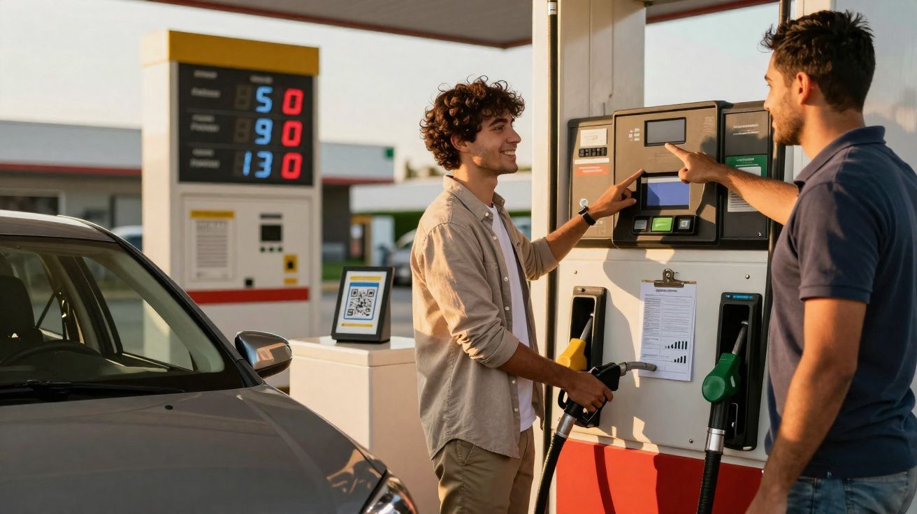 Dois homens abastecendo carro em posto de gasolina, um segura a bomba e o outro usa o painel da bomba.