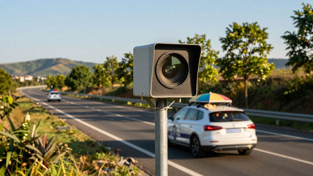 Radar de trânsito instalado à beira de estrada com veículos passando ao fundo em dia ensolarado.