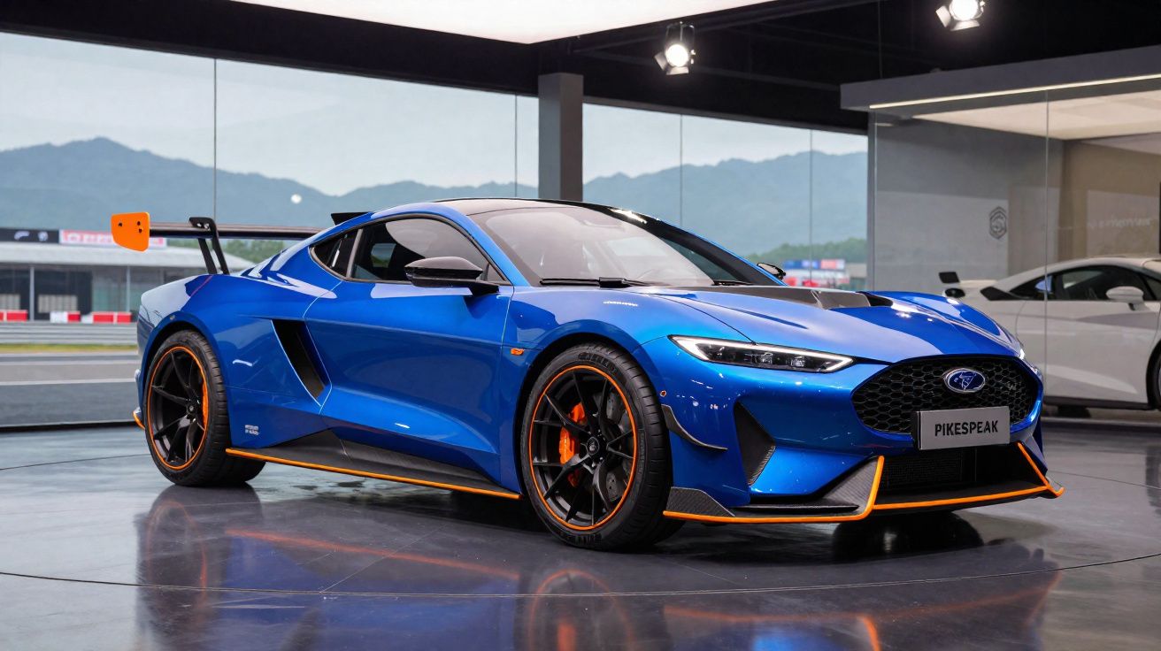 Carro esportivo azul com detalhes laranja em exposição, com montanhas ao fundo.