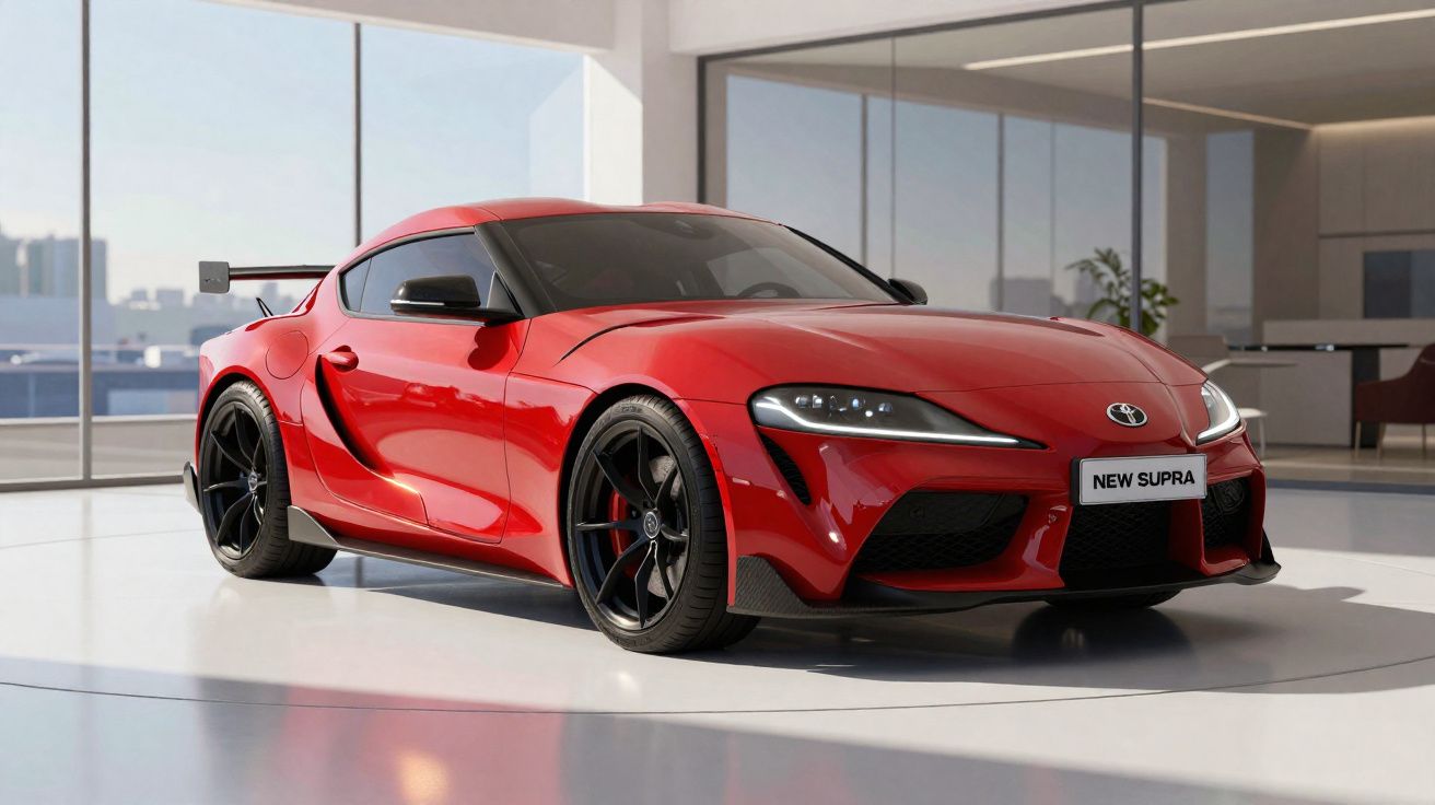 Carro esportivo vermelho Toyota New Supra estacionado em ambiente moderno e iluminado.