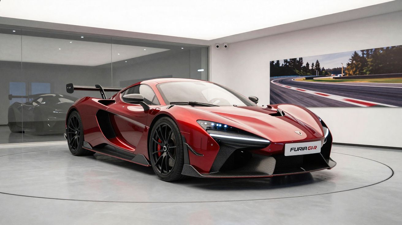 Carro esportivo vermelho Furia GTR em exposição moderna com piso cinza e parede branca.