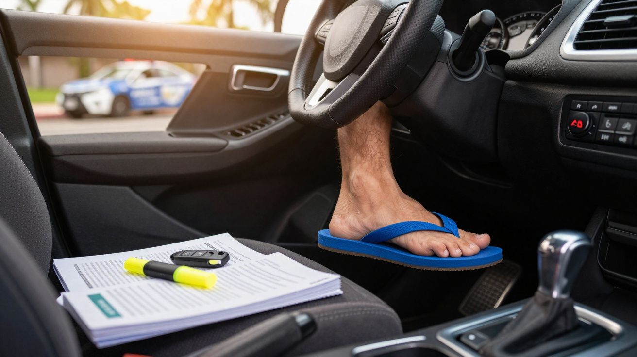 Interior de carro com motorista usando chinelo azul e documentos, chave e marca-texto no banco ao lado.