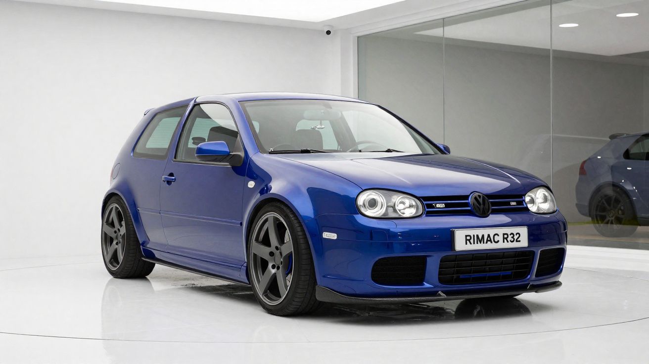 Carro esportivo azul escuro modelo hatch Volkswagen Golf modificado em ambiente branco com espelho.