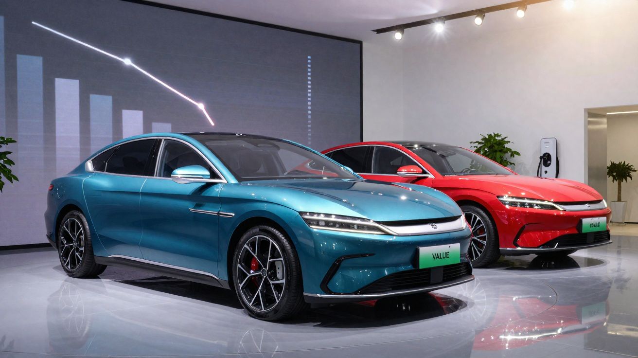 Dois carros elétricos modernos, um azul e um vermelho, em exposição interna com gráfico no fundo.