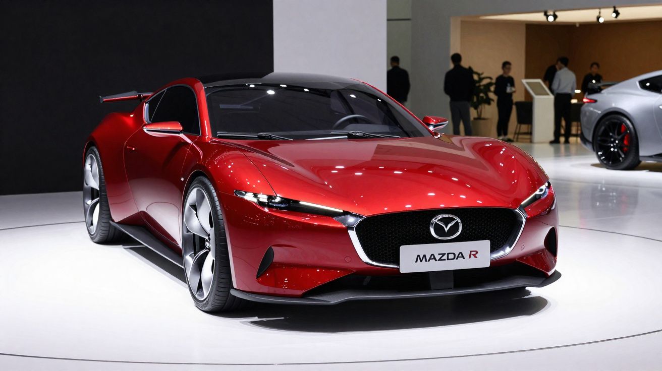 Carro esportivo vermelho Mazda R exposto em salão com pessoas ao fundo e iluminação branca.