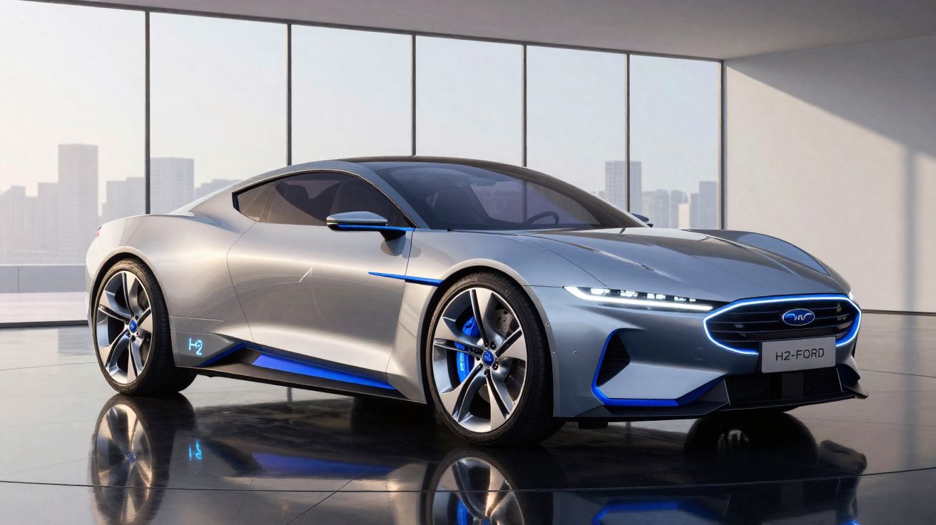 Carro esportivo prateado com detalhes azuis em ambiente interno com janelas grandes e vista urbana.