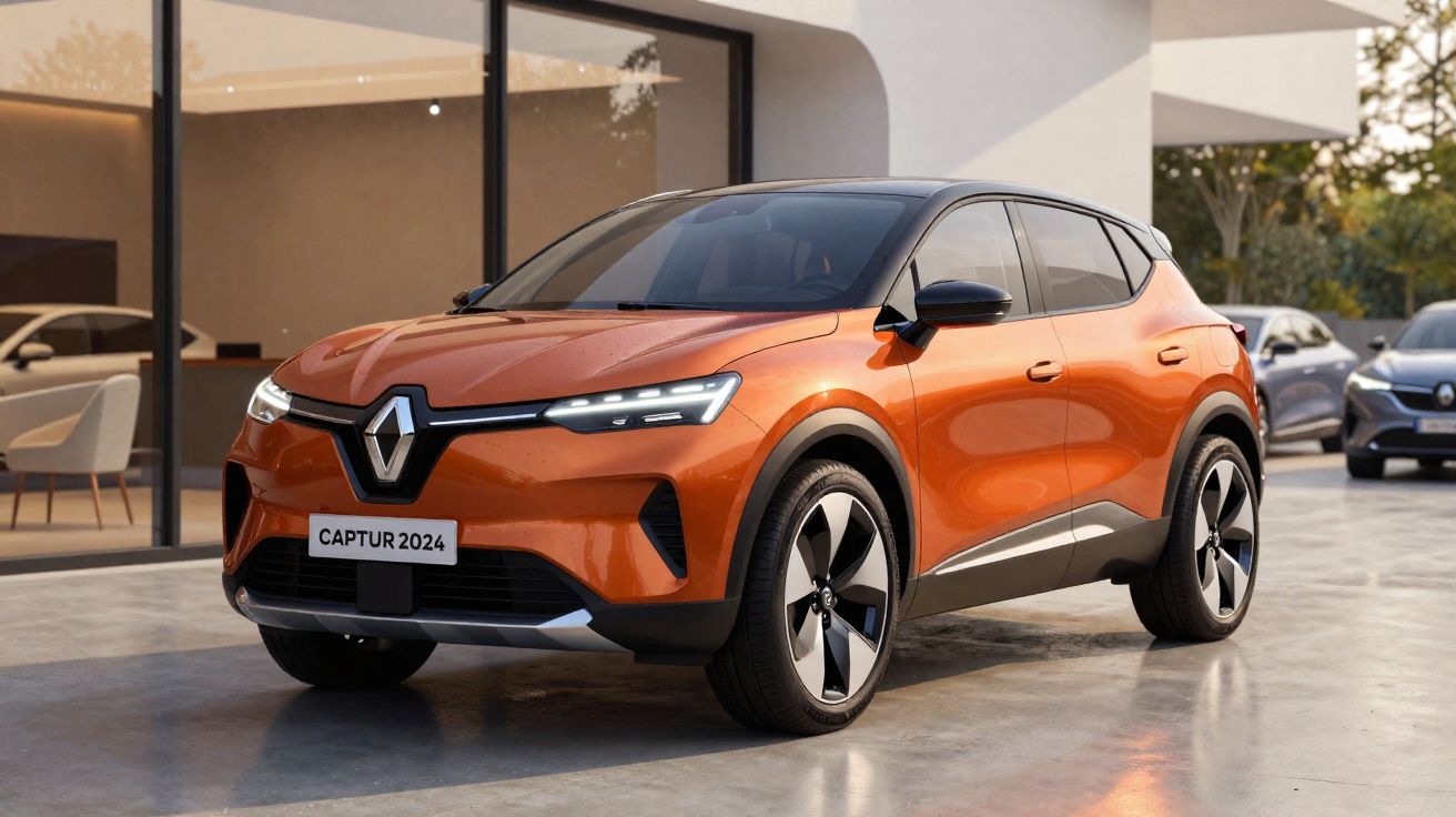 SUV Renault Captur 2024 laranja estacionado em frente a edifício moderno com grandes janelas.