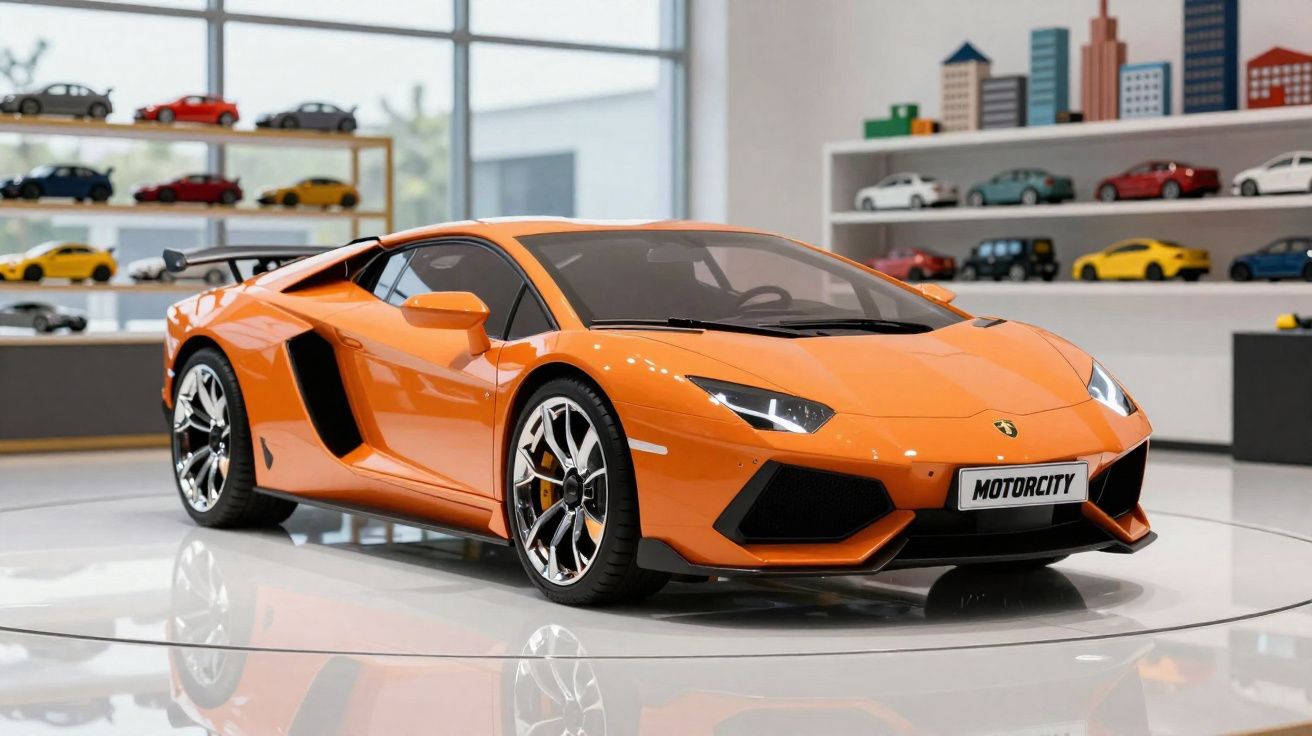 Carro esportivo laranja com rodas cromadas exibido em ambiente interno com miniaturas de carros ao fundo.