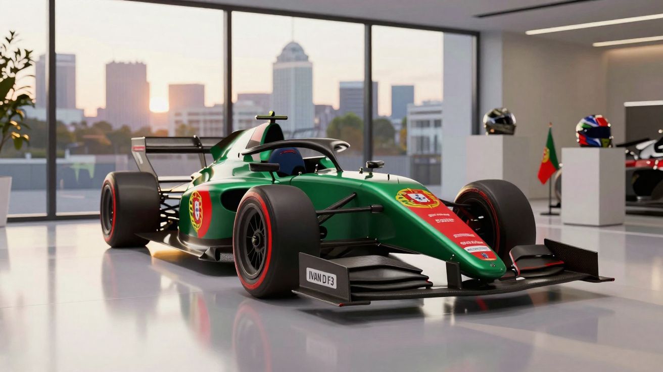 Carro de corrida Fórmula 1 verde com bandeira de Portugal em uma sala moderna com vista para a cidade.