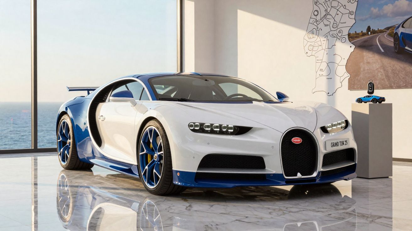Carro esporte Bugatti Chiron branco e azul exibido em ambiente interno com piso de mármore e vista para o mar.