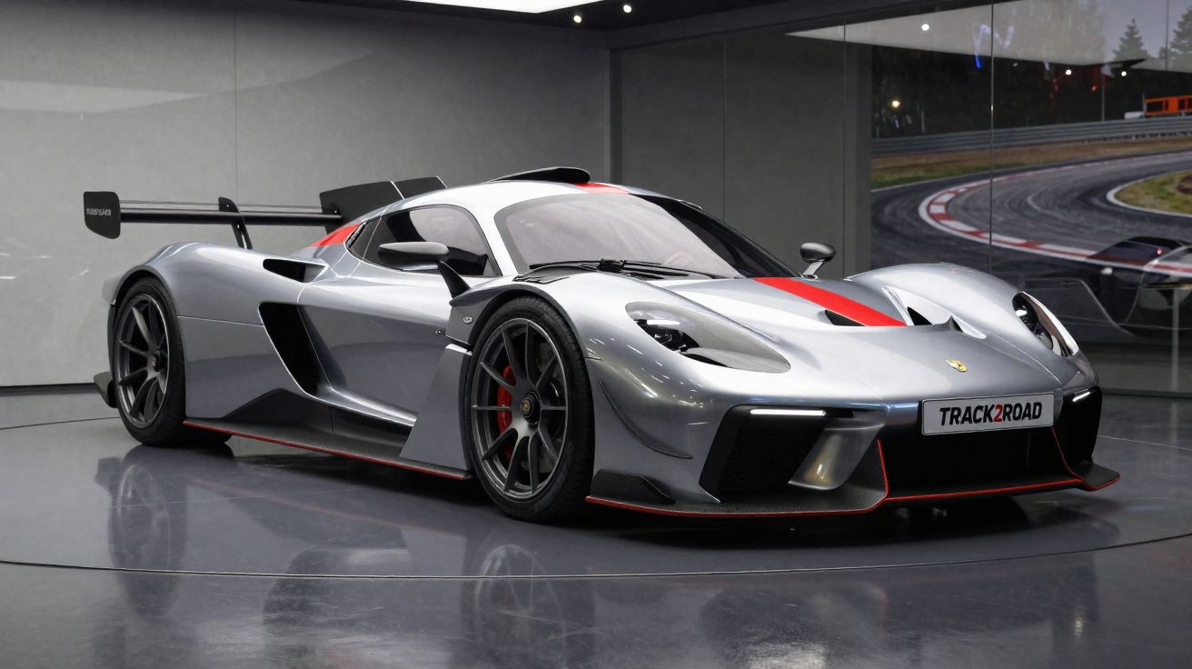 Carro esportivo prata com detalhes em vermelho exibido em estande, com grande aerofólio traseiro e rodas pretas.