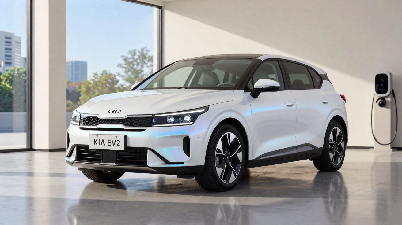 Carro elétrico branco Kia EV2 estacionado em garagem moderna com carregador elétrico na parede.
