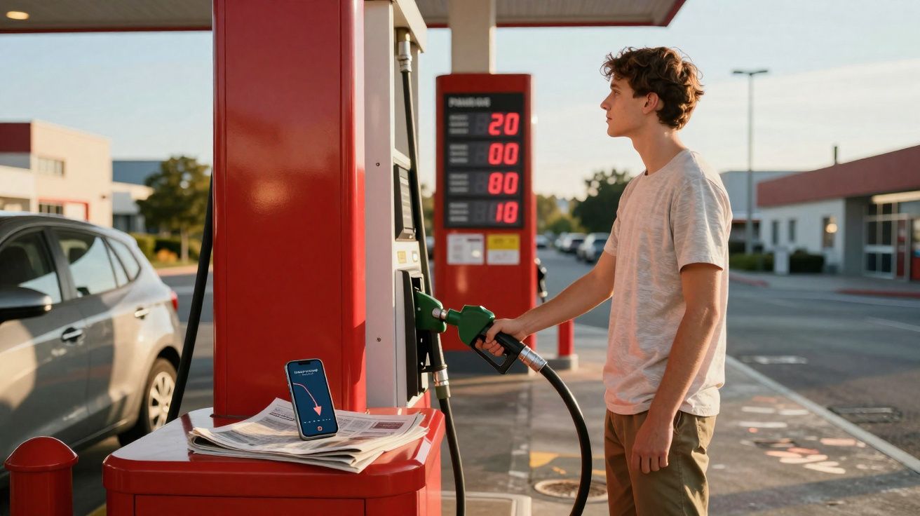 Jovem abastecendo carro em posto de gasolina com celular e jornal sobre bomba de combustível.
