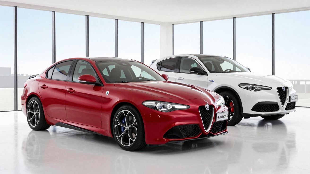Carros Alfa Romeo Giulia Quadrifoglio vermelho e Stelvio Quadrifoglio branco em showroom iluminado.