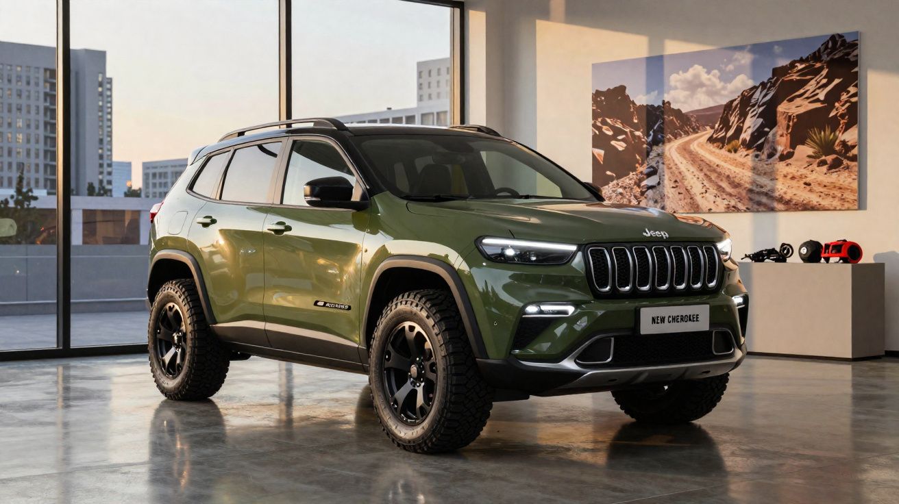 SUV Jeep Cherokee verde com pneus off-road, em salão moderno com obras de arte e janelas grandes.