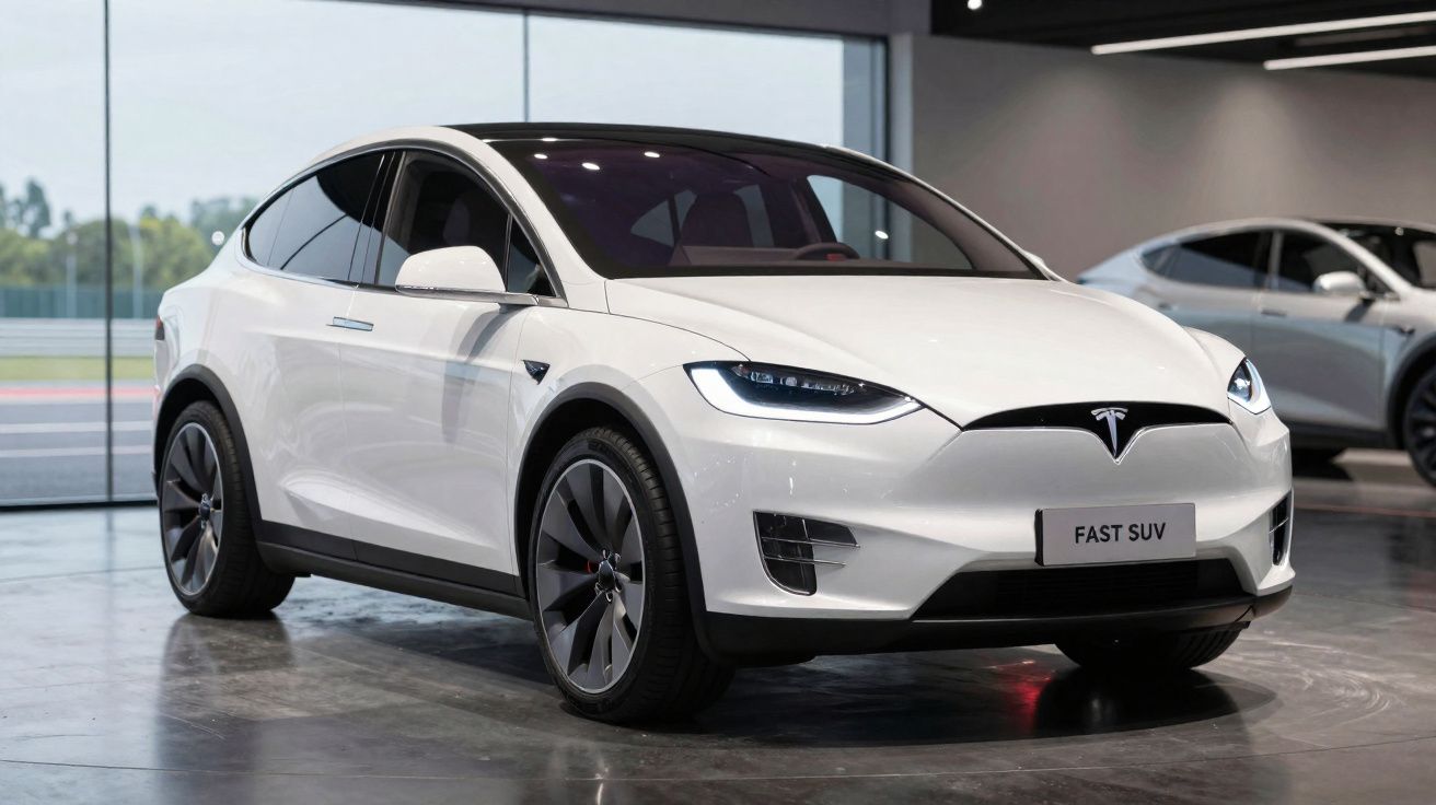 Carro elétrico branco Tesla Model X estacionado em showroom moderno com piso brilhante.