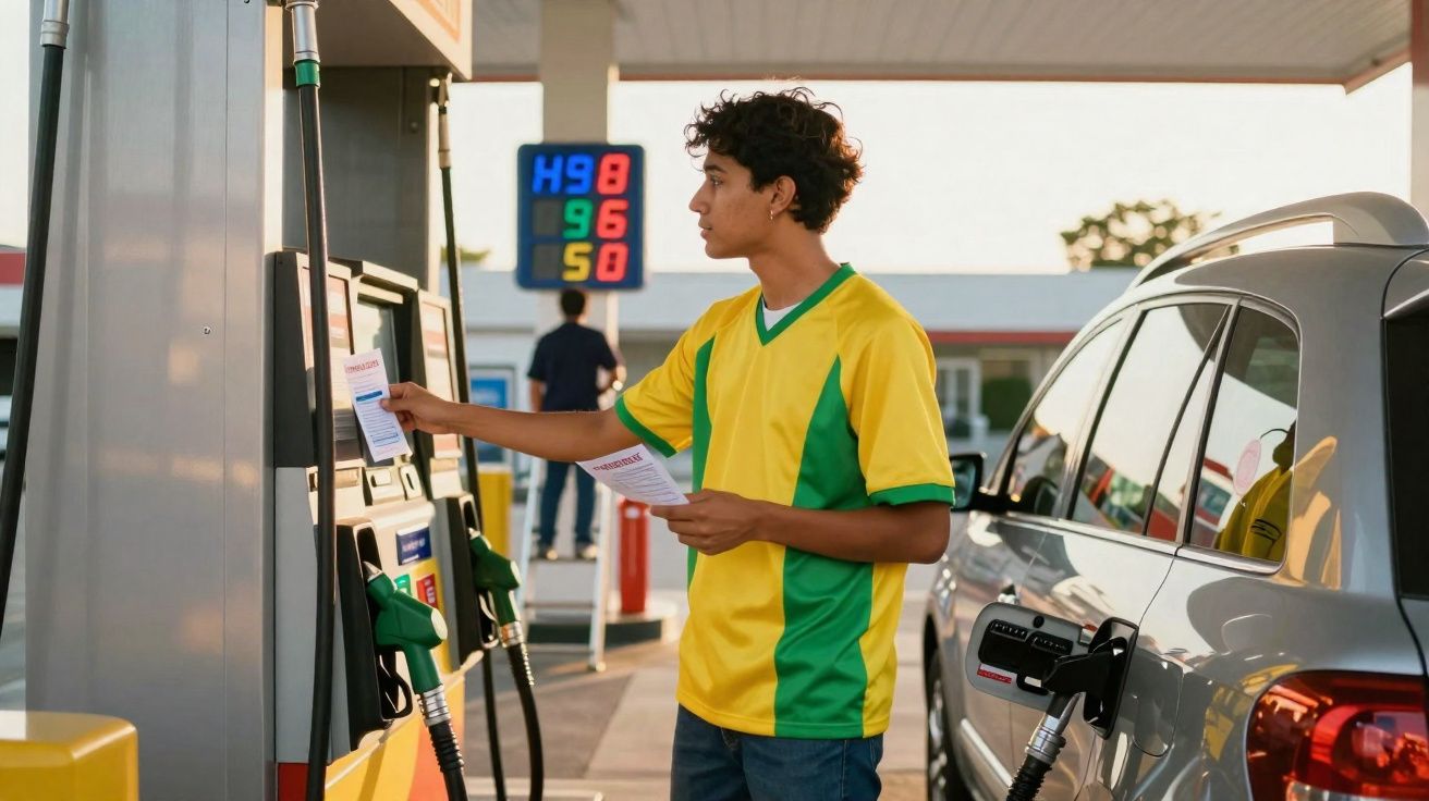 Homem jovem usando camisa amarela e verde abastecendo carro em posto de gasolina com painel de preços ao fundo.