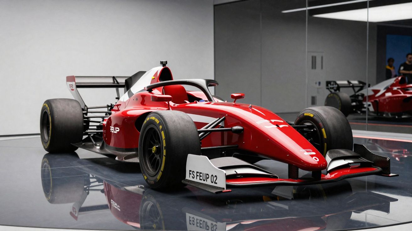 Carro vermelho de Fórmula 1 estacionado em piso refletivo dentro de sala com paredes cinza e espelho.