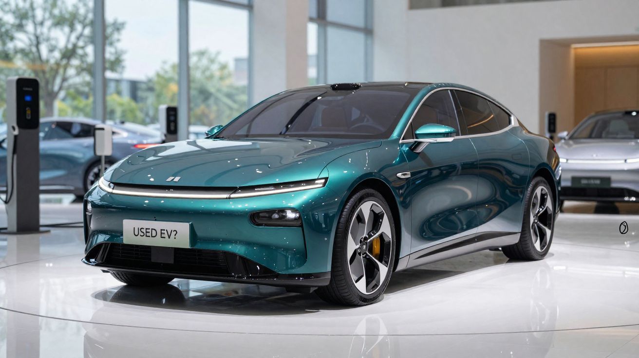 Carro elétrico verde metálico estacionado em showroom com plataforma giratória e tomadas de recarga.