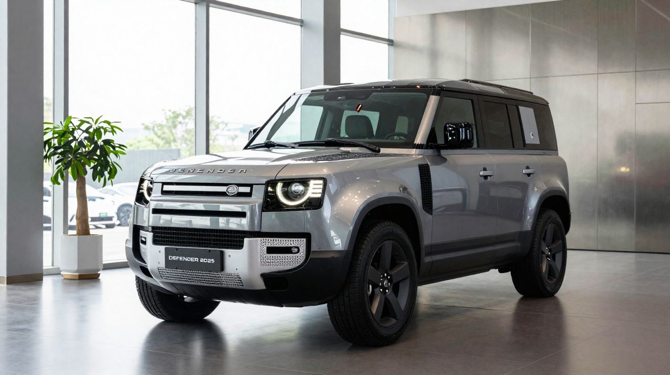SUV Land Rover Defender cinza estacionado em showroom moderno com piso e paredes claras.
