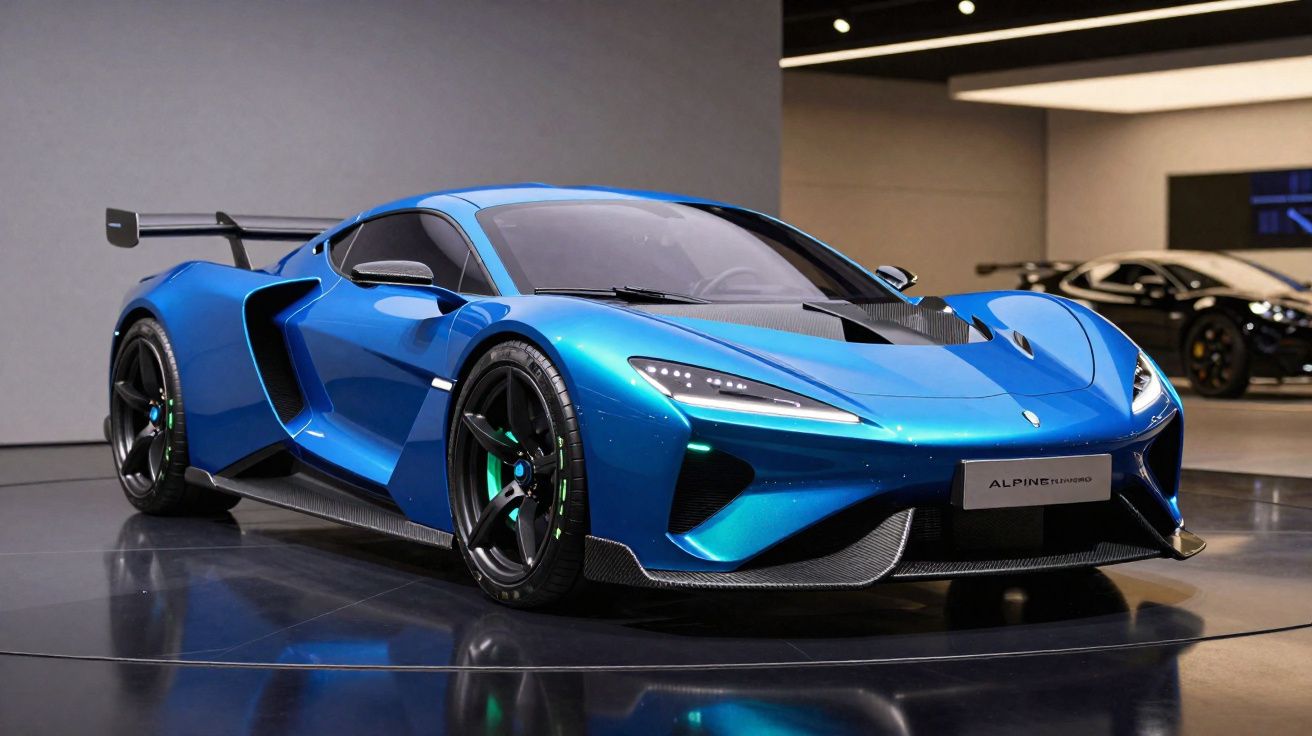 Carro esportivo azul metálico em exposição, com design aerodinâmico e faróis de LED acesos.