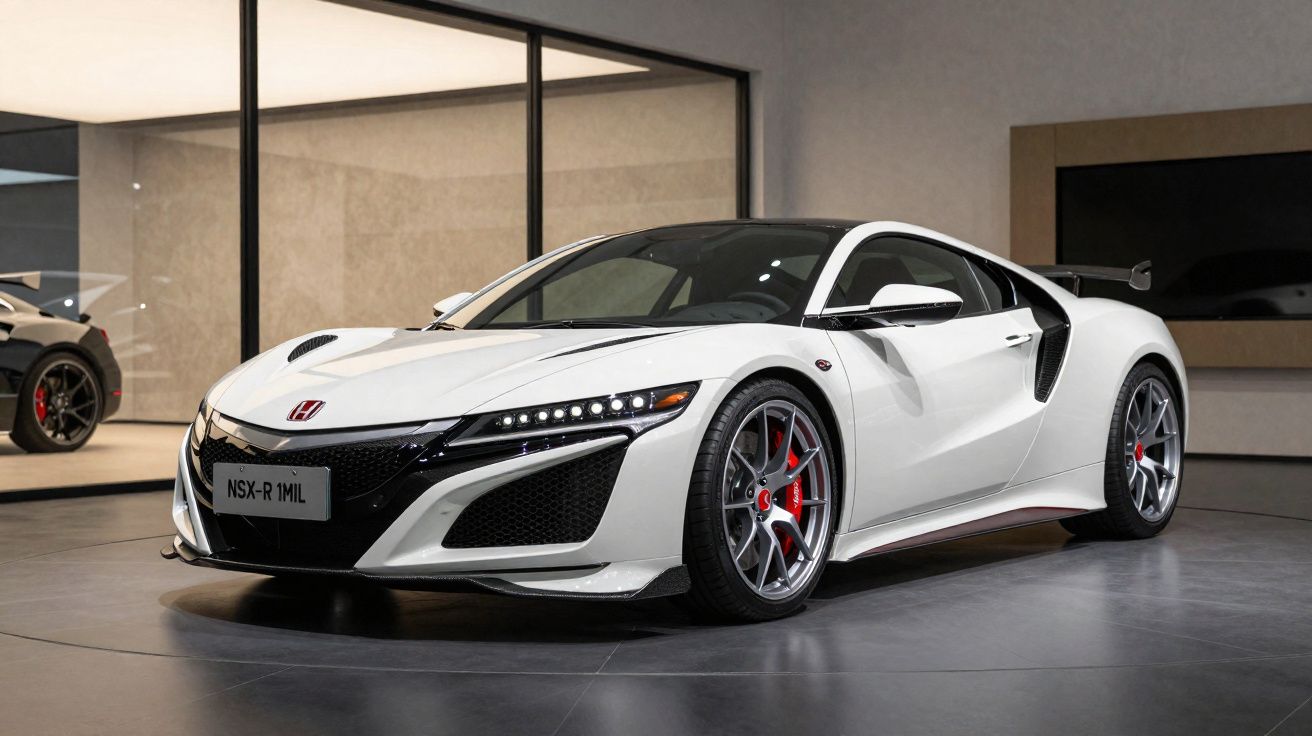 Carro esportivo branco Honda NSX-R 1MIL estacionado em ambiente interno moderno e iluminado.