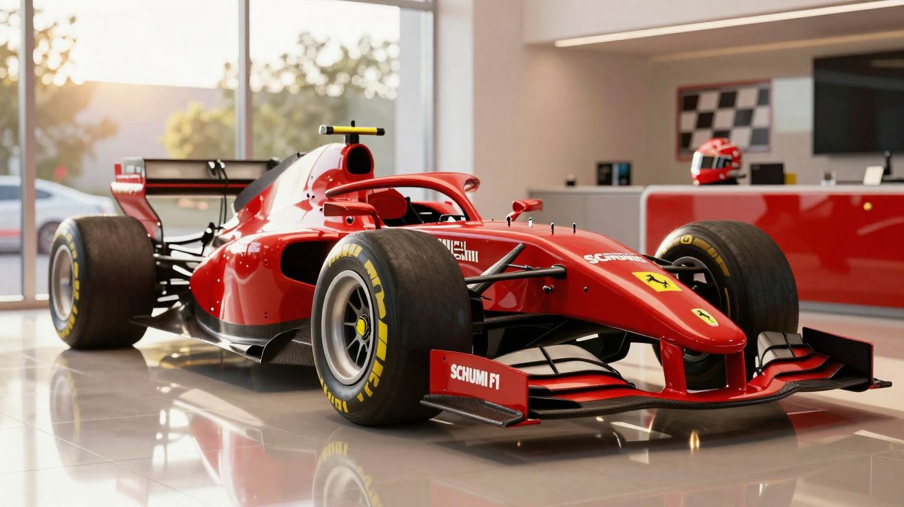 Carro de corrida vermelho estilo Fórmula 1 exposto em showroom moderno com piso brilhante.