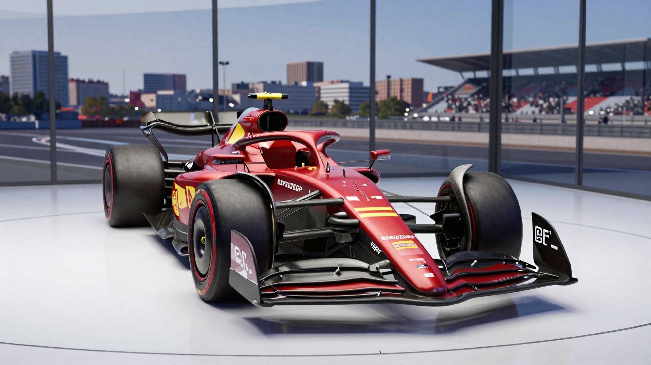 Carro de Fórmula 1 vermelho exposto em ambiente interno com cidade ao fundo e reflexos no chão.