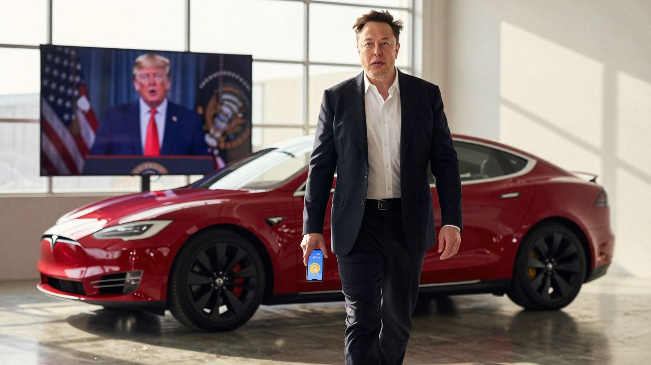 Homem de terno caminha segurando celular diante de carro vermelho estacionado em galpão com TV ao fundo.