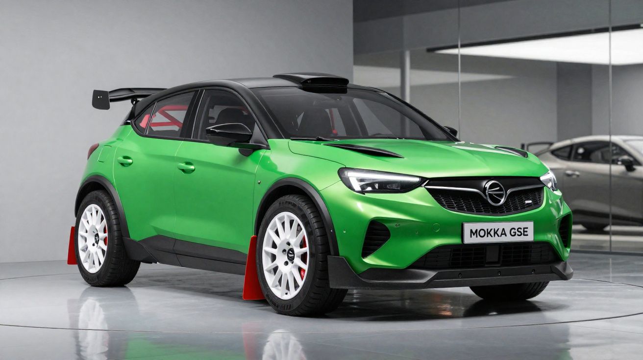 Carro esportivo Opel Mokka GSE verde com rodas brancas e aerofólio preto em showroom moderno.