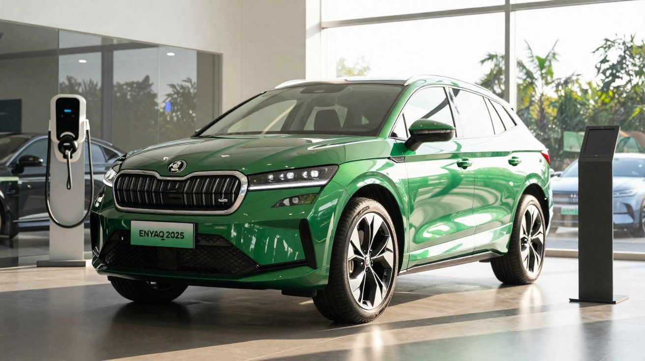 Carro elétrico verde Skoda Enyaq 2025 em showroom ao lado de estação de recarga.