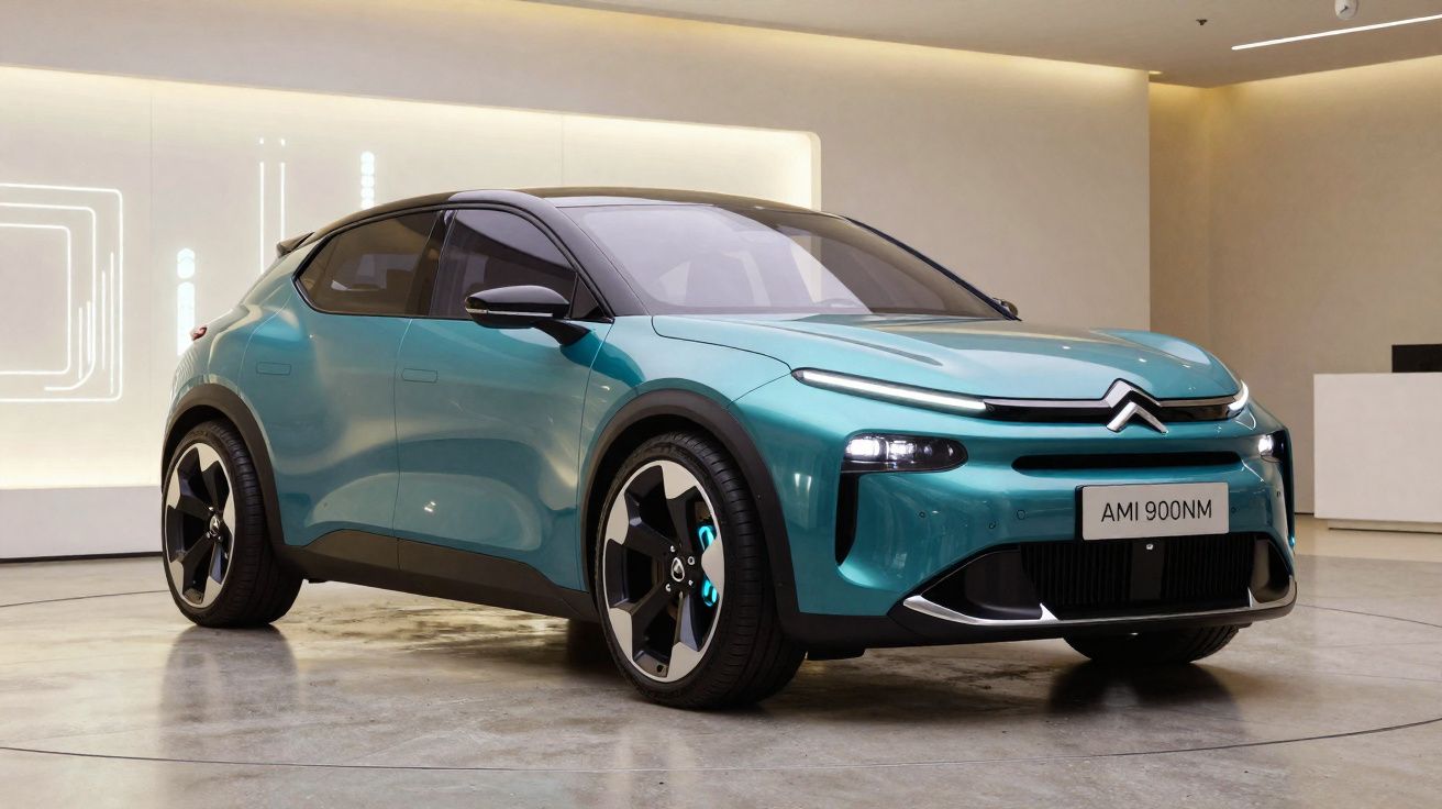 Carro elétrico Citroën AMI 900NM azul exibido em showroom moderno com acabamento brilhante.