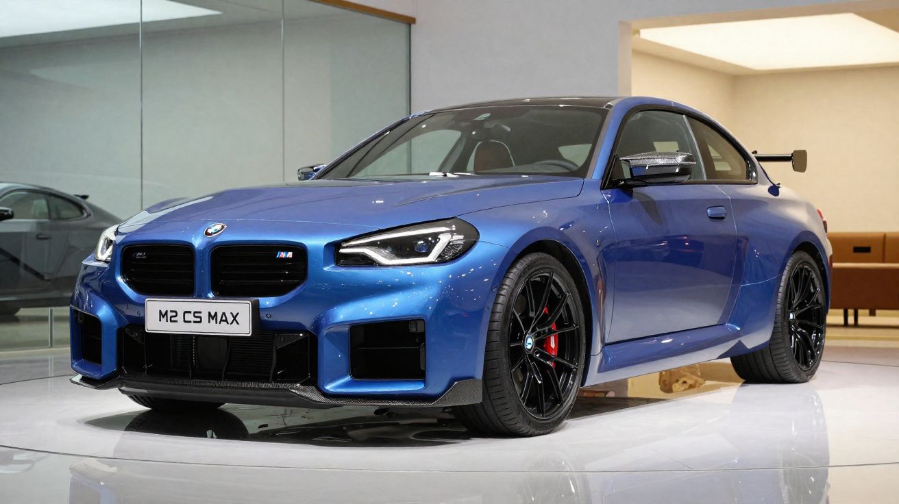 Carro esportivo BMW M2 CS Max azul exibido em ambiente interno com rodas pretas e freios vermelhos.