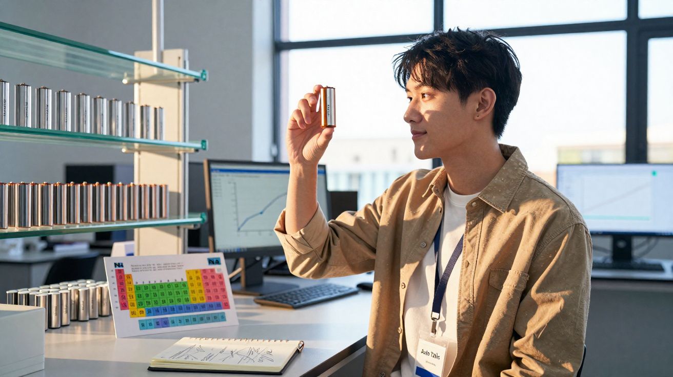 Homem analisando bateria enquanto está em escritório com quadro periódic e computadores ao fundo.