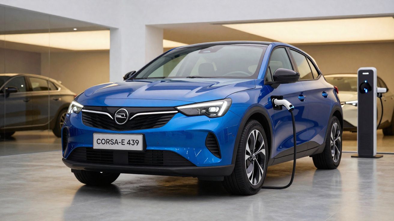 Carro elétrico azul Opel Corsa-e 439 sendo carregado em estação de recarga interna.
