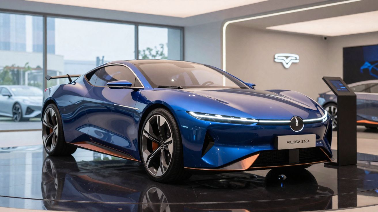 Carro esportivo elétrico azul metálico exposto em showroom moderno com piso preto brilhante.