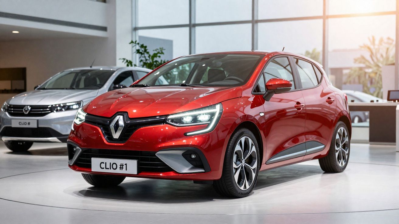 Carro hatch vermelho Renault Clio exposto em showroom moderno com carro branco ao fundo.