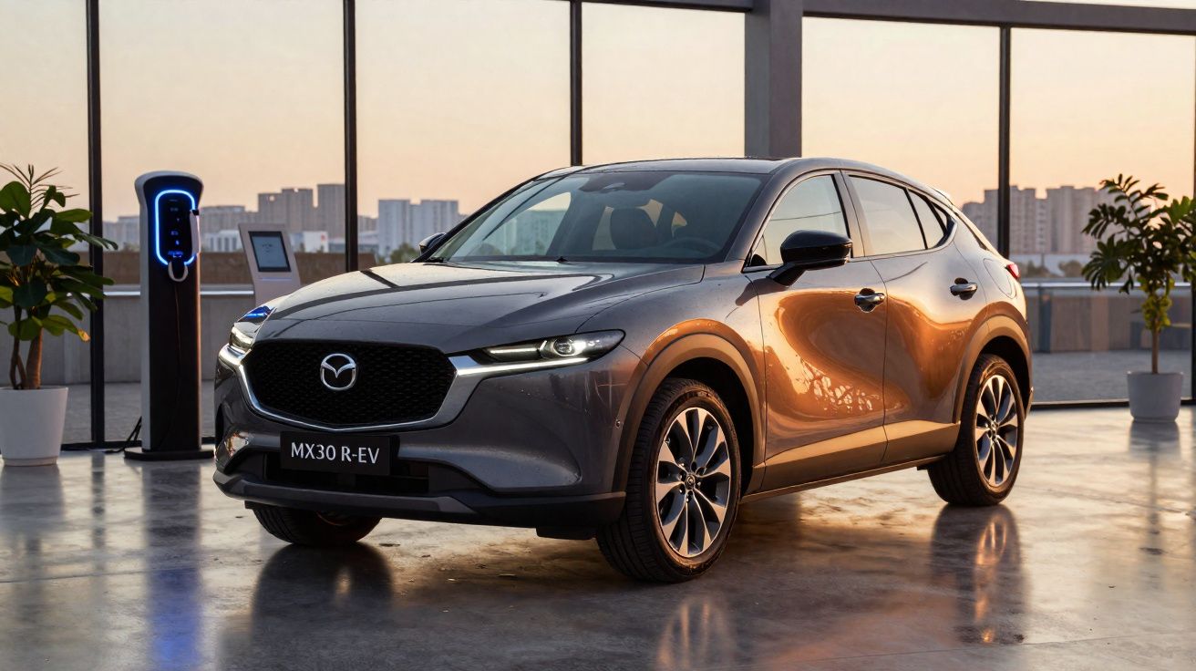 Carro elétrico Mazda MX30 R-EV cinza estacionado em garagem moderna com estação de recarga e plantas.