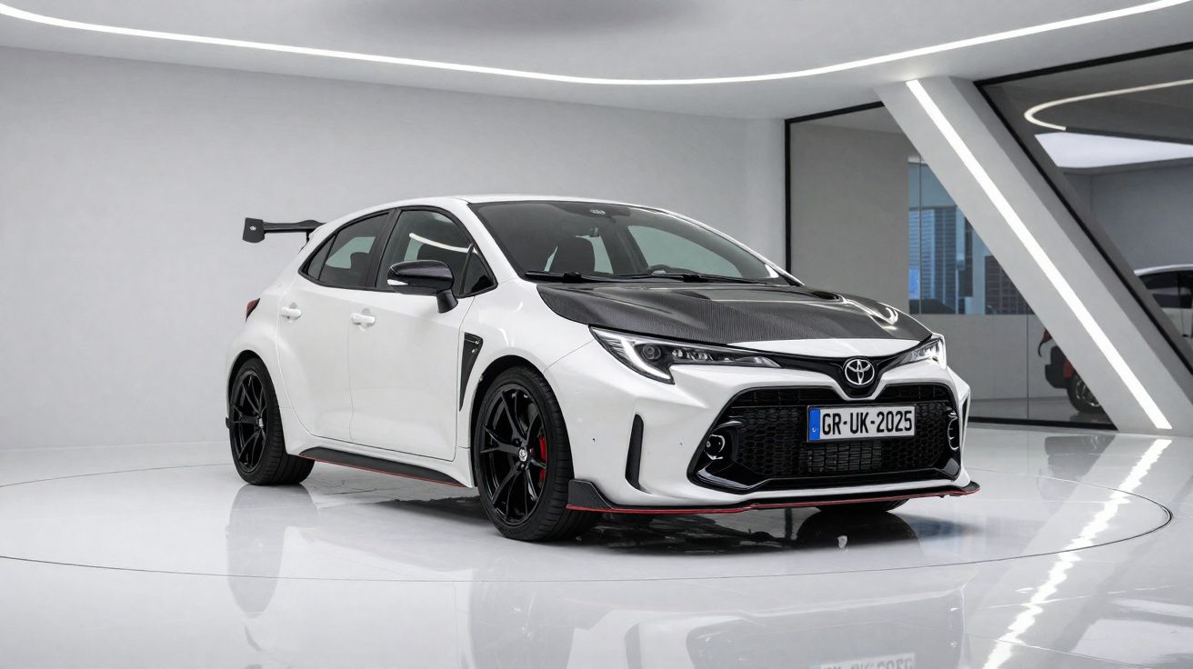 Carro esportivo branco e preto, Toyota com aerofólio traseiro, exibido em ambiente moderno e iluminado.